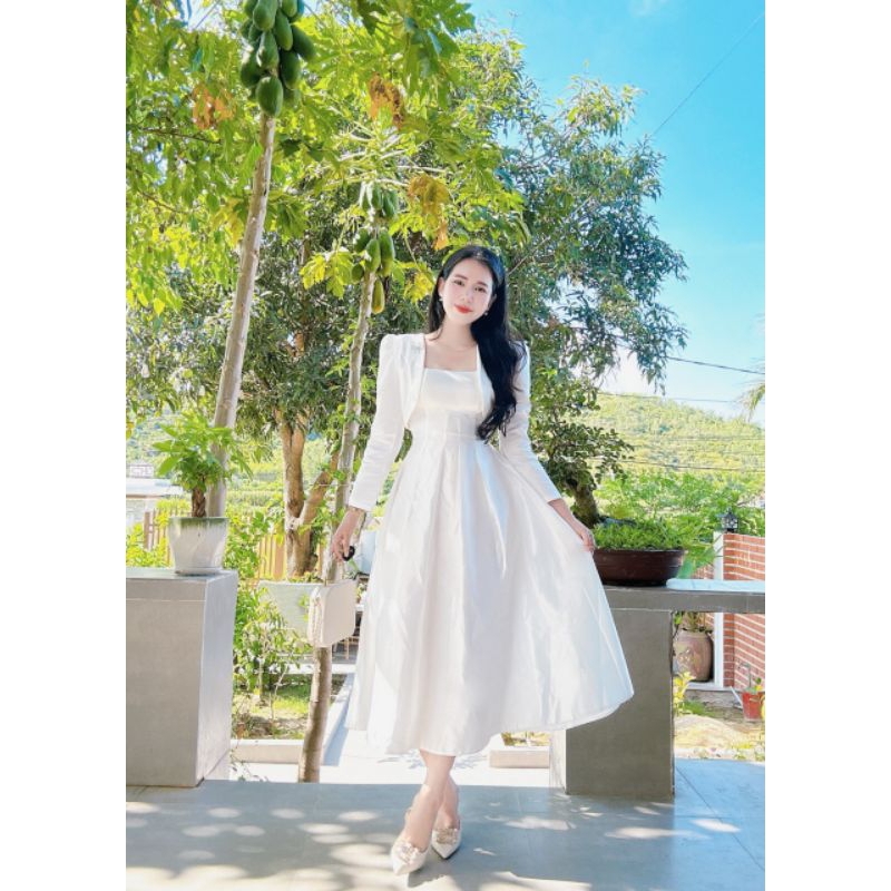 Set đầm nữ trắng chất tapta đầm phối hợp áo khoác tay dài thời trang nữ công sở, dự tiệc, dạo phố Quocanh