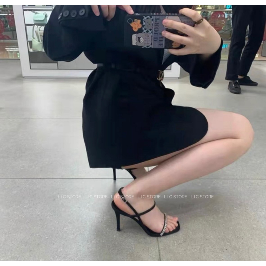 Sandanl Gót Nhọn Đính Đá - Da Lộn - Cao 7-9 Phân