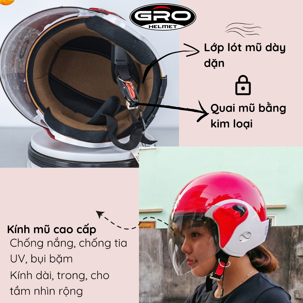 Mũ bảo hiểm GRO Helmet T318, chính hãng, kính dài, dành cho nam nữ, thiết kế thời trang, nhiều màu