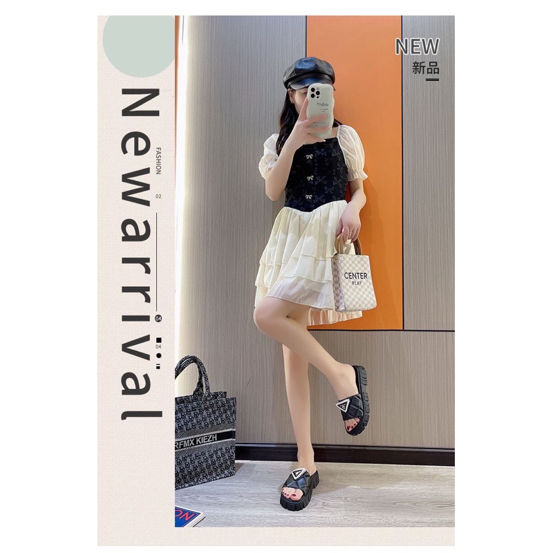 Dép bánh mì quai ngang nữ đê cao 4cm gắn tam giác đá siêu xinh