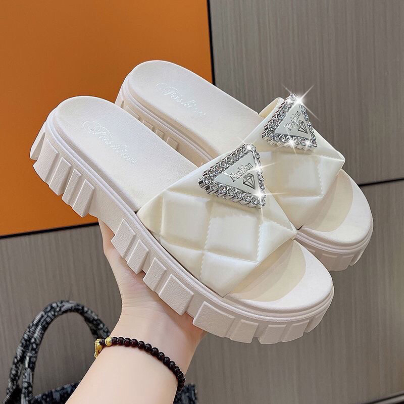 Dép bánh mì quai ngang nữ đê cao 4cm gắn tam giác đá siêu xinh