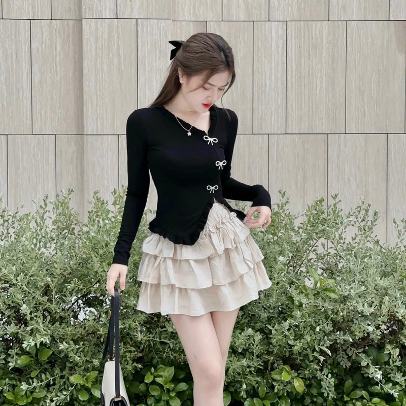 Sét Chân Váy tay dài dáng ôm Đính kèm phụ kiện Phối Chân váy ngắn xòe xếp tần thời trang cho nữ