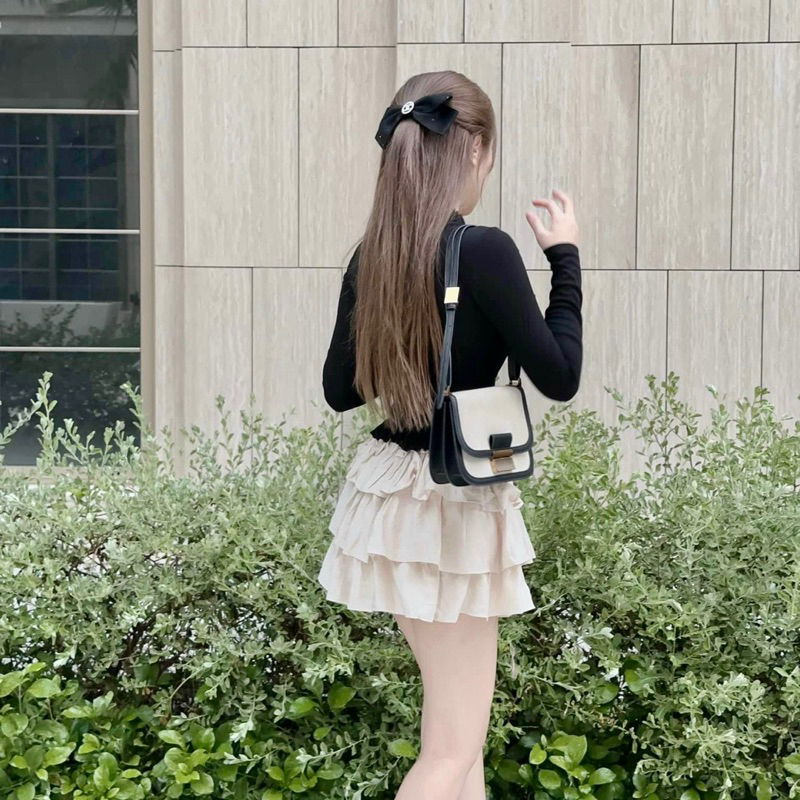 Sét Chân Váy tay dài dáng ôm Đính kèm phụ kiện Phối Chân váy ngắn xòe xếp tần thời trang cho nữ