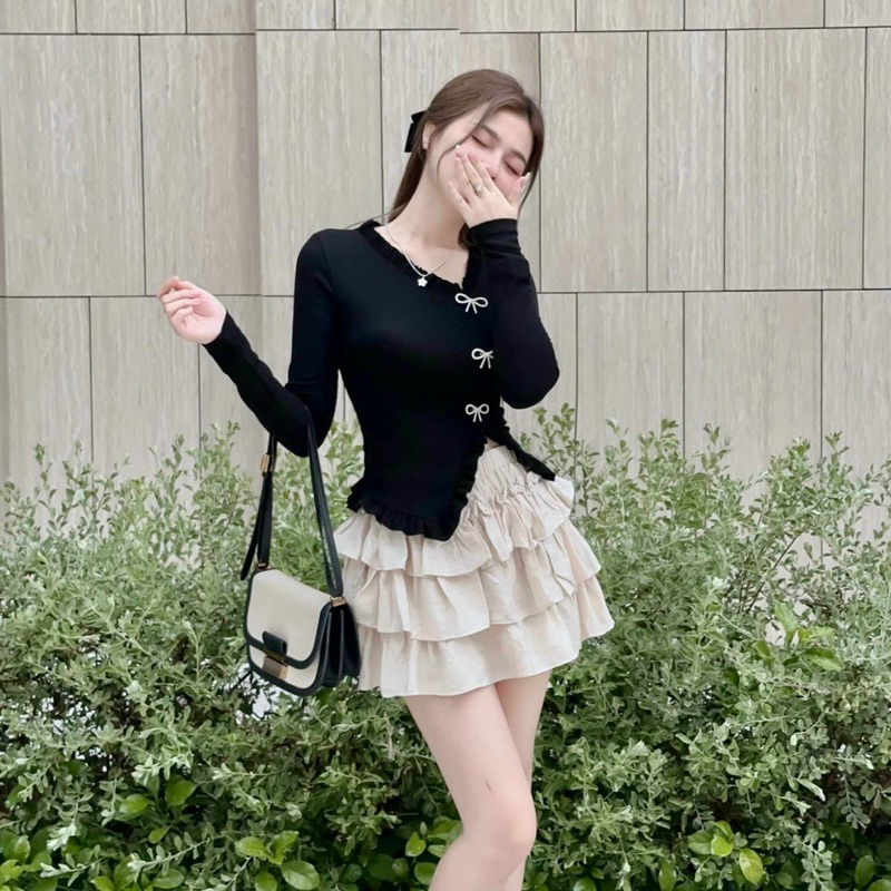 Sét Chân Váy tay dài dáng ôm Đính kèm phụ kiện Phối Chân váy ngắn xòe xếp tần thời trang cho nữ