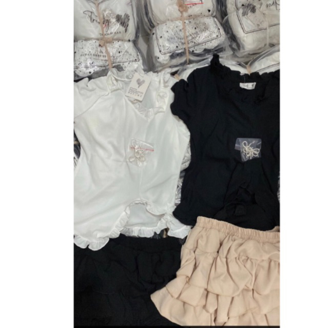 Sét Chân Váy tay dài dáng ôm Đính kèm phụ kiện Phối Chân váy ngắn xòe xếp tần thời trang cho nữ