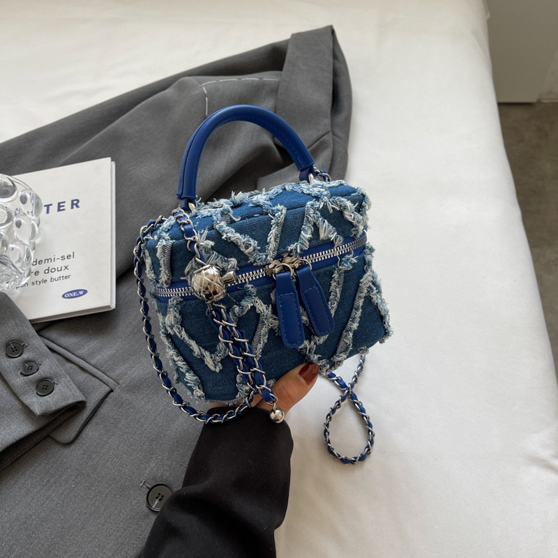 Túi mini cặp lồng vải bò jean sờn có quai xách cầm tay mã 2