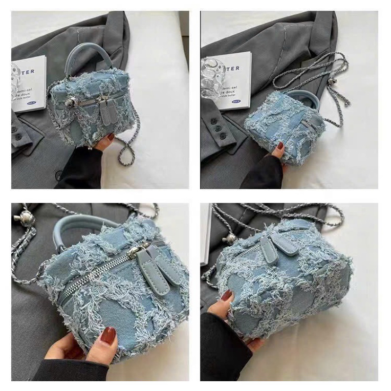 Túi mini cặp lồng vải bò jean sờn có quai xách cầm tay mã 2