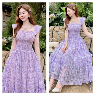 Đầm hoa tím tiểu thư sang chảnh cánh tiên , dáng xòe, cổ dây chéo cao cấp phù hợp du lịch, dự tiệc, đi chơi dạo phố