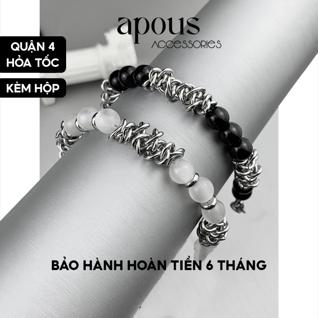 Vòng tay nam nữ Xích Xoắn phối Ngọc Trai nhân tạo đen - Thép Titan - Phụ kiện trang sức Unisex Apous