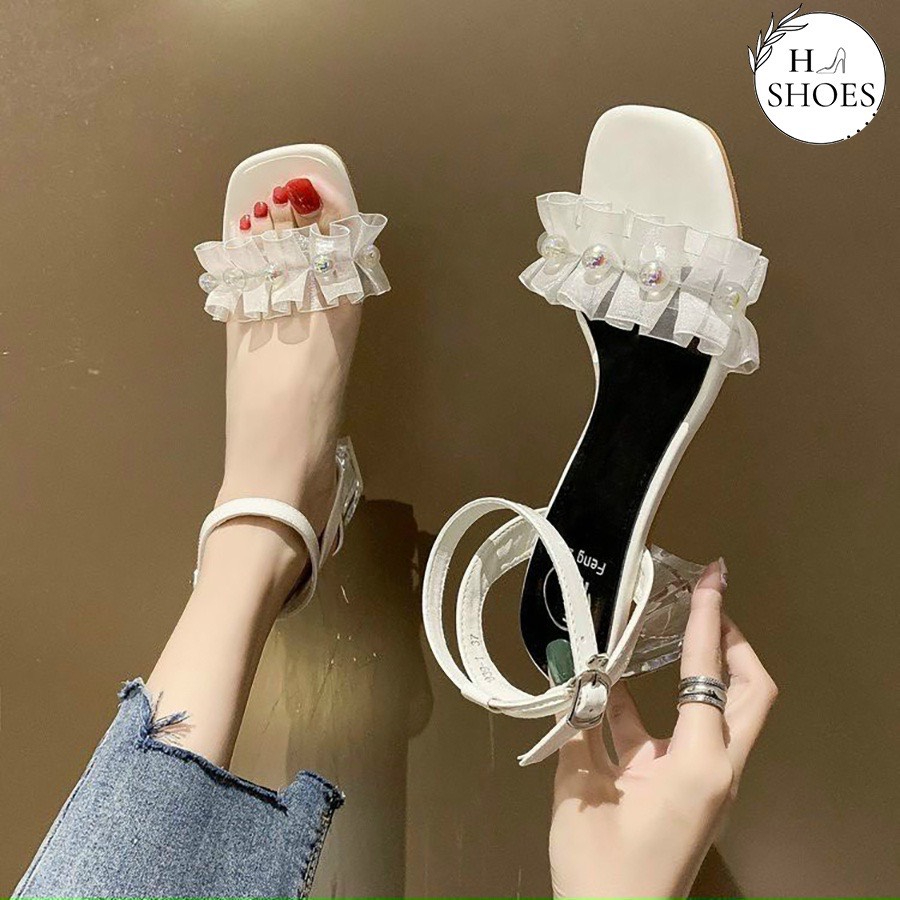 Giày Cao Gót Quai Ngang 7P Đế Vuông Quai Bèo Đính Ngọc Sang Trọng 032