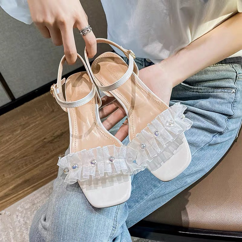 Giày Cao Gót Quai Ngang 7P Đế Vuông Quai Bèo Đính Ngọc Sang Trọng 032