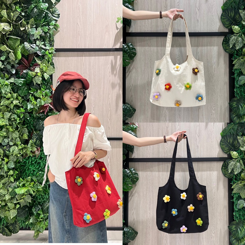 Túi tote hoa len vải canvas size rộng đi chơi đi học hàng thiết kế thương hiệu TYDYTRO