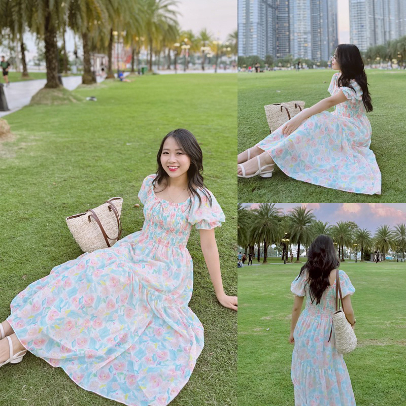 Đầm Dài Nhún Chun Tay Phồng D01 - Gracie Dress