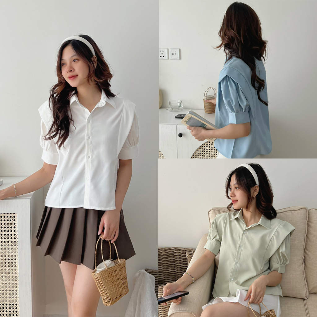 Áo sơ mi nữ, Áo sơ mi cổ đức phối bèo vai tay bồng xếp ly xinh đẹp