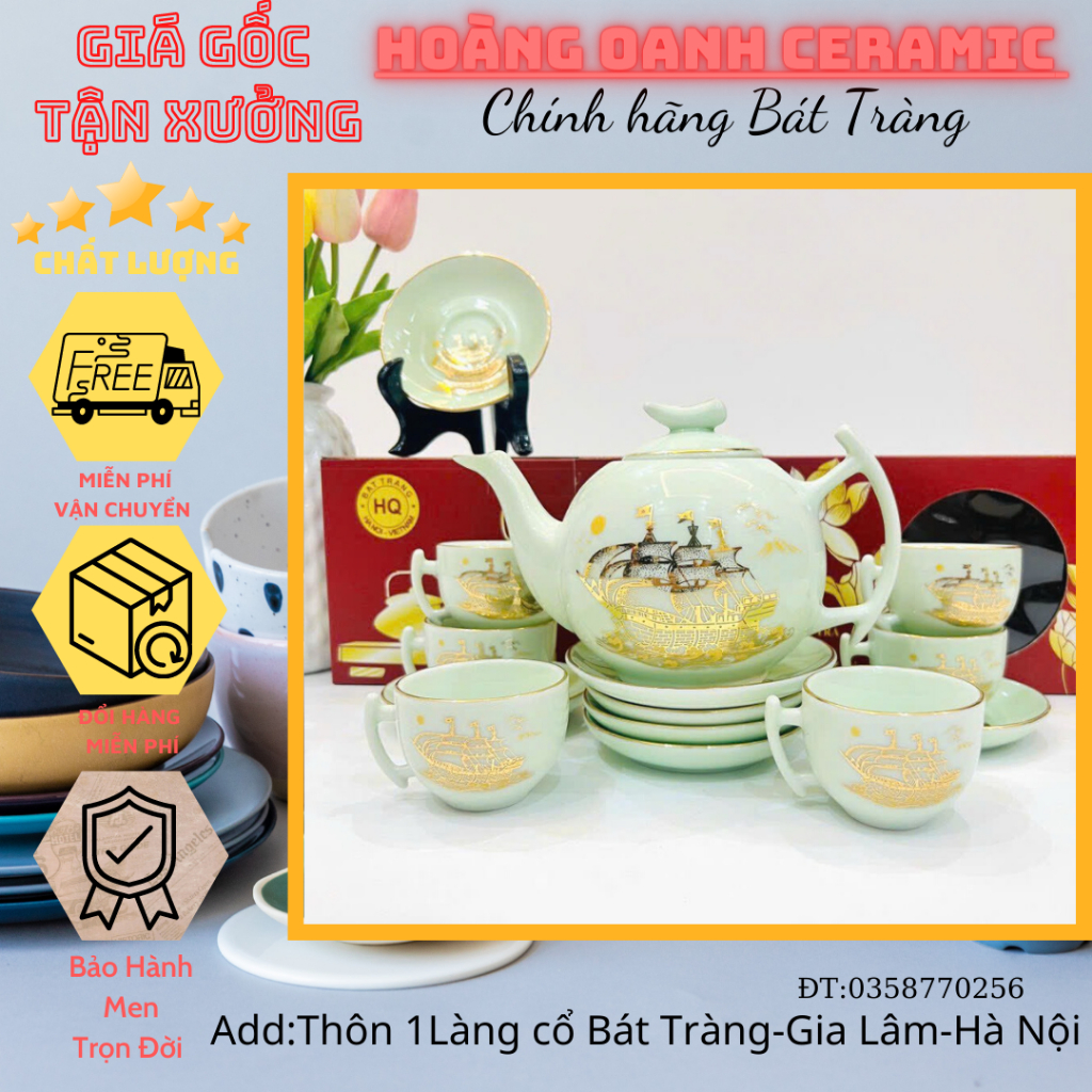 (CHỌN 5 MẪU)Bộ Ấm Chén Pha Trà Bát Tràng-hàng nhà lò tận gốc,men Xanh Ngọc vẽ vàng Thuận Buồm Xuôi Gió-Sen Chuồn,ấm Bưởi