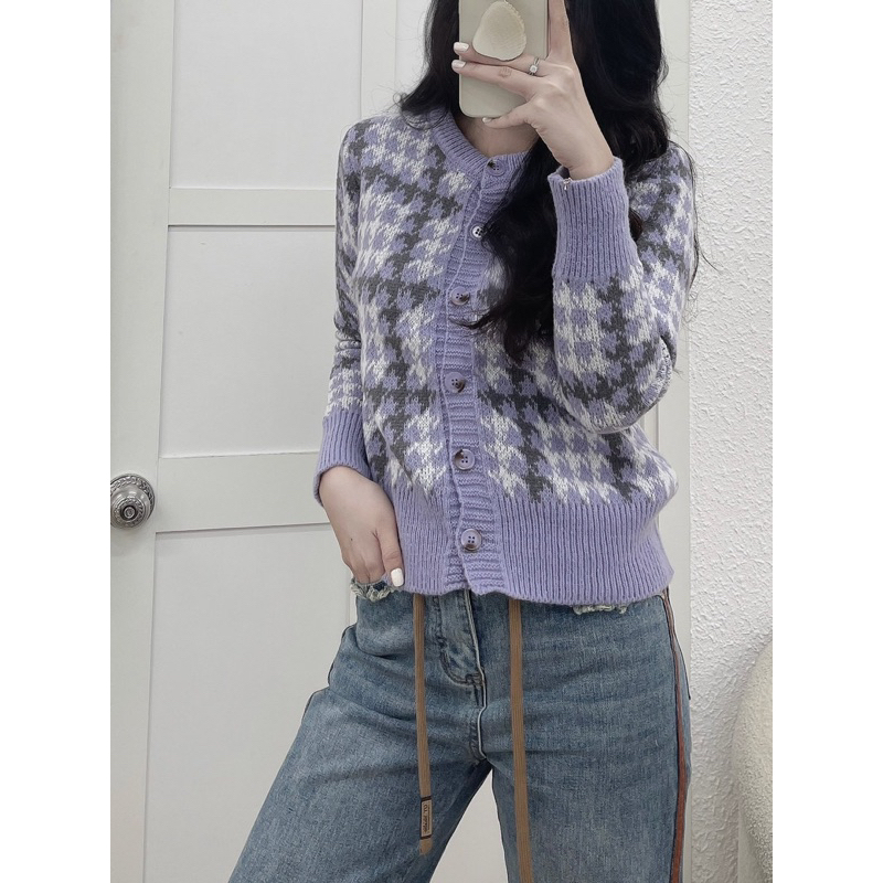 Áo khoác Len mỏng cadigan tím kẻ ziczac siêu xinh
