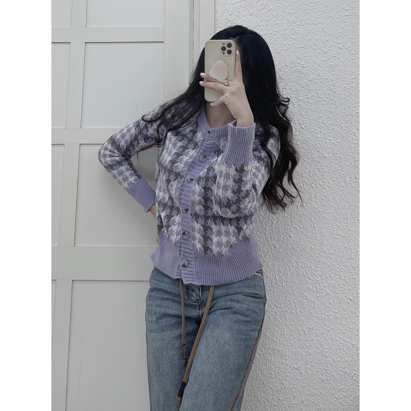 Áo khoác Len mỏng cadigan tím kẻ ziczac siêu xinh