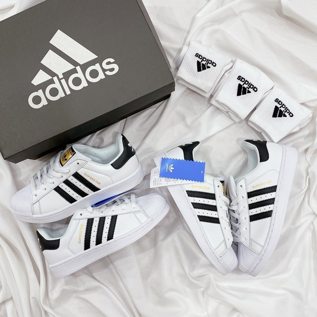 Hot Giày _Adidas Superstar Trắng 3 Sọc Đen, Giày Thể Thao Nam Nữ Hottrend _Adidas Tem Vàng Phổ Thông Full Phụ Kiện
