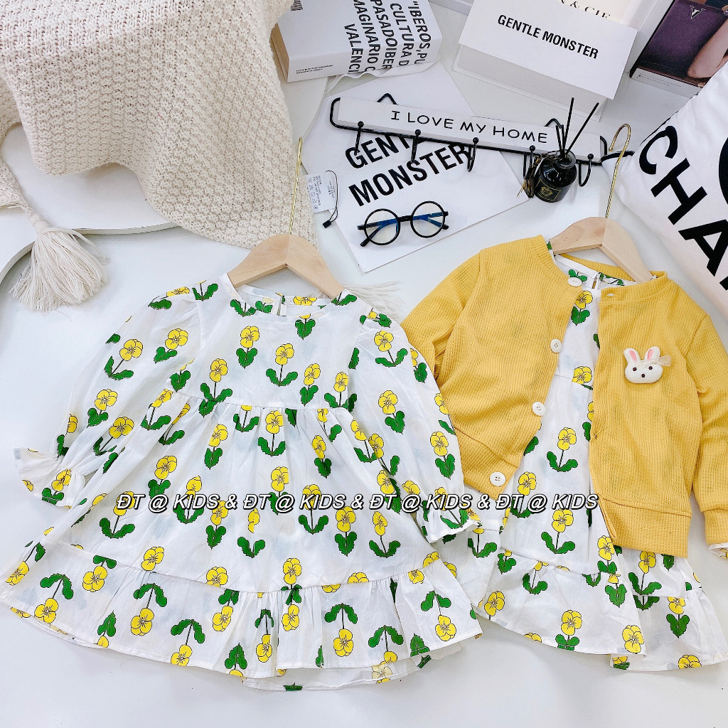 Set váy hai chi tiết cho bé gái, váy hoa nhí kèm áo len tiểu thư đính thỏ con dễ thương cho bé gái