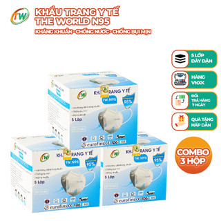 Combo 3 hộp khẩu trang n95 the world cao cấp xuất khẩu kháng khuẩn, chống bụi mịn, chống thấm nước