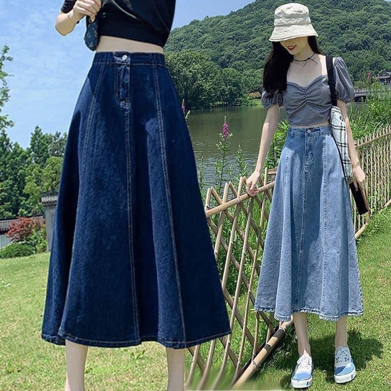 Chân Váy Demin Cạp Cao Dáng Dài Chữ A Phong Cách Hàn Quốc (od 7 ngày)