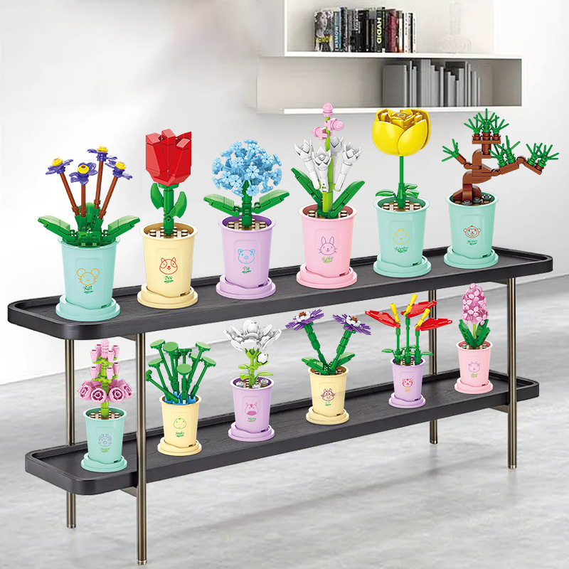 Đồ chơi lắp ráp chậu Hoa Mini đánh số tương ứng 12 Con Giáp, Mô hình lắp ráp Hoa chậu để bàn trang trí, decor