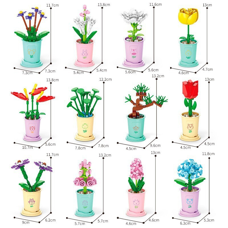 Đồ chơi lắp ráp chậu Hoa Mini đánh số tương ứng 12 Con Giáp, Mô hình lắp ráp Hoa chậu để bàn trang trí, decor