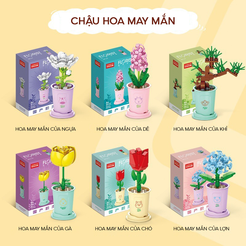 Đồ chơi lắp ráp chậu Hoa Mini đánh số tương ứng 12 Con Giáp, Mô hình lắp ráp Hoa chậu để bàn trang trí, decor