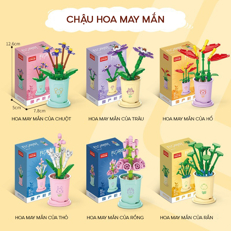 Đồ chơi lắp ráp chậu Hoa Mini đánh số tương ứng 12 Con Giáp, Mô hình lắp ráp Hoa chậu để bàn trang trí, decor