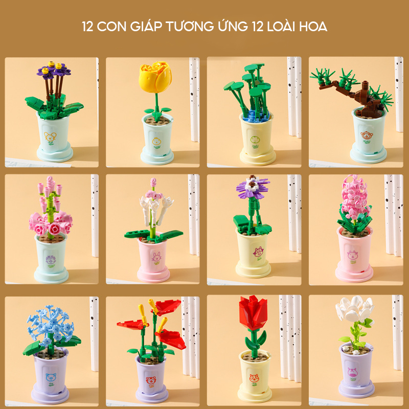 Đồ chơi lắp ráp chậu Hoa Mini đánh số tương ứng 12 Con Giáp, Mô hình lắp ráp Hoa chậu để bàn trang trí, decor