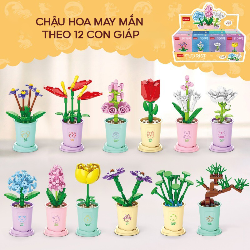 Đồ chơi lắp ráp chậu Hoa Mini đánh số tương ứng 12 Con Giáp, Mô hình lắp ráp Hoa chậu để bàn trang trí, decor