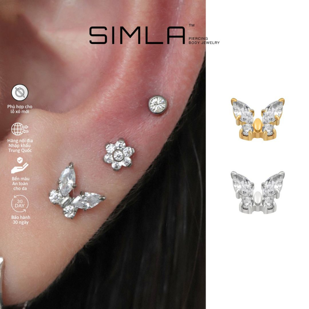 Khuyên tai hình bướm Simla bằng Titanium cấy ghép (Chiếc) - Simla Body Jewelry