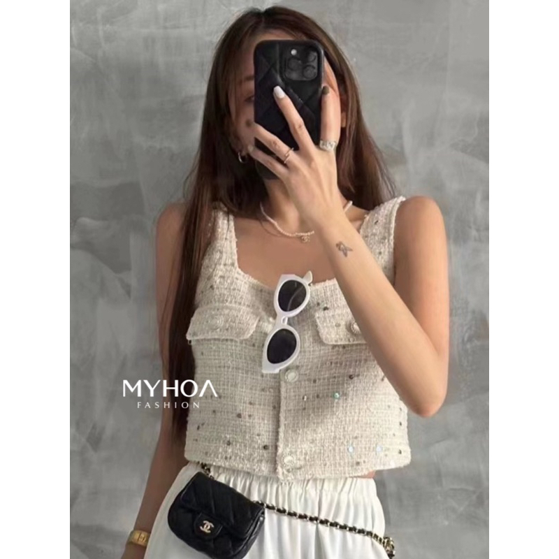 MYHOA| Áo Dạ Gile Nữ Tweed Trắng Kim Sa QCCC