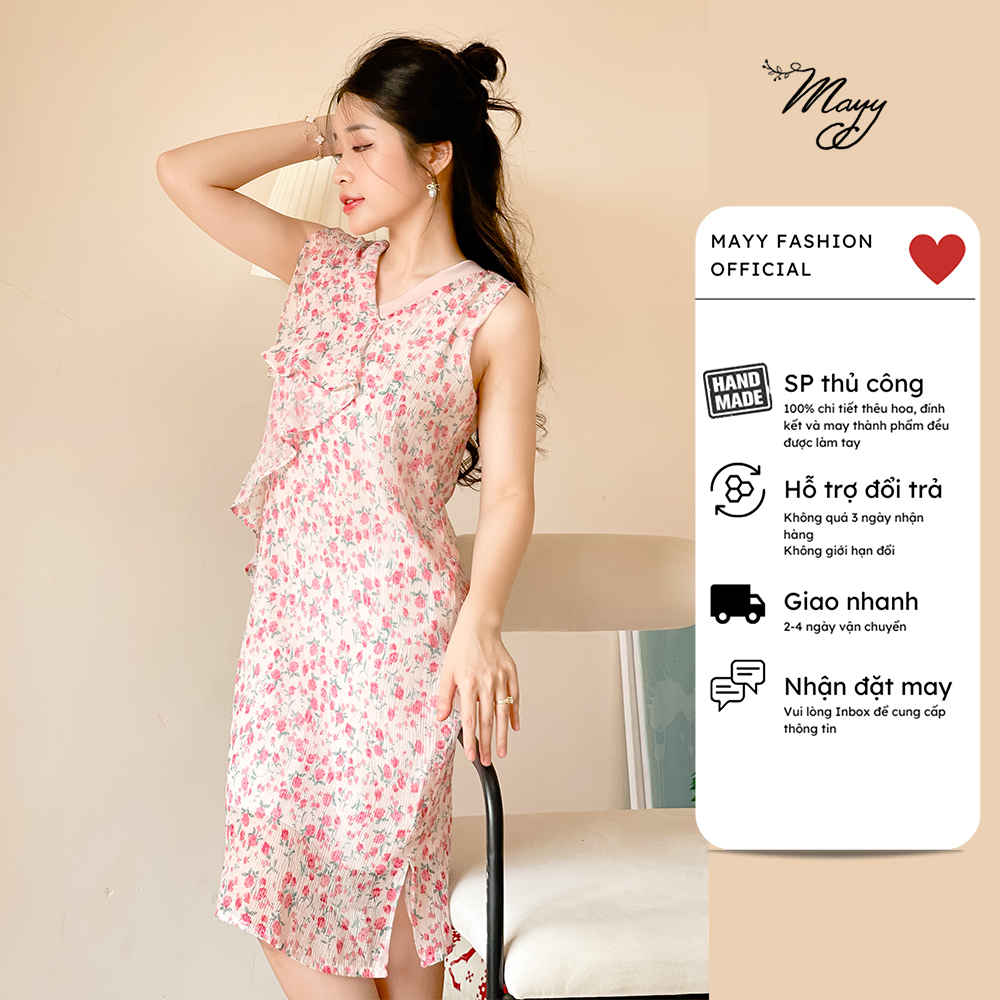 Váy thiết kế MAYY FASHION tơ nhăn hoa hồng vạt bèo đổ sóng Bay