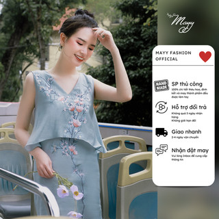 Đầm thiết kế cao cấp MAYY FASHION tơ xanh thiên thanh nhạt liền thân thêu hoa Fiji Sky