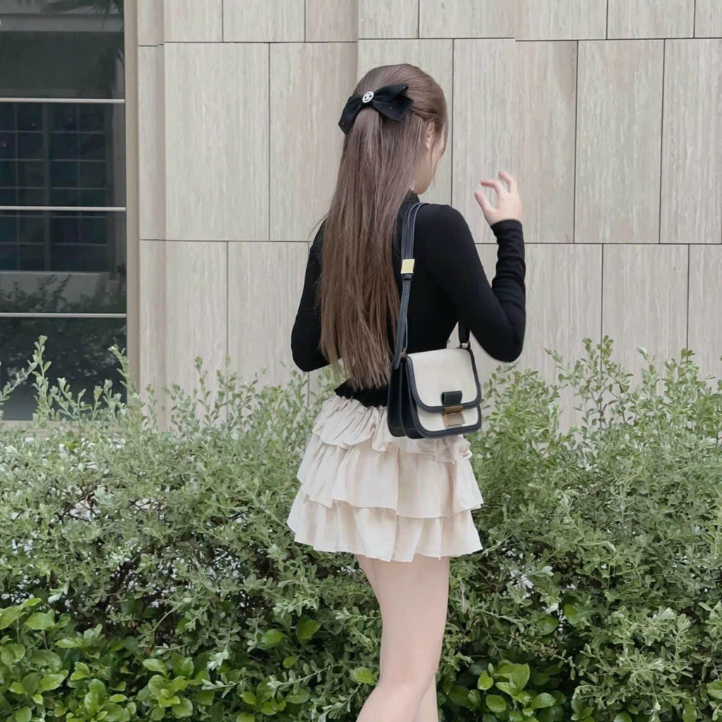 Set Áo dệt kim tay dài thắt nơ eo xinh xắn mix chân váy ngắn tầng siêu xinh hot trend M1-49