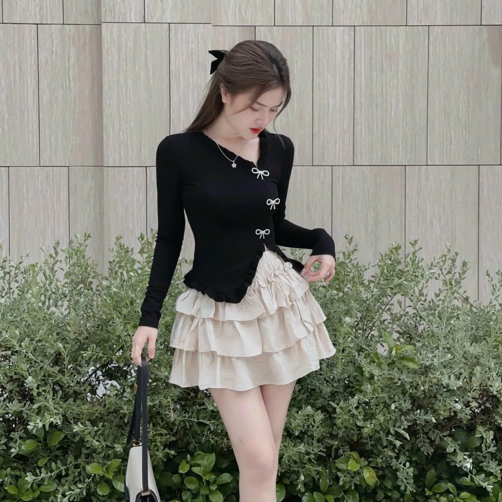 Set Áo dệt kim tay dài thắt nơ eo xinh xắn mix chân váy ngắn tầng siêu xinh hot trend M1-49