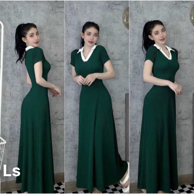 đầm cổ trụ viền màu tay ngắn dáng dài gân