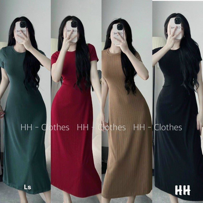 đầm tay ngắn dáng dài thun gân trơn basic ls