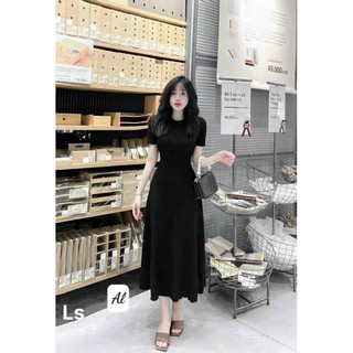 đầm tay ngắn dáng dài thun gân trơn basic ls