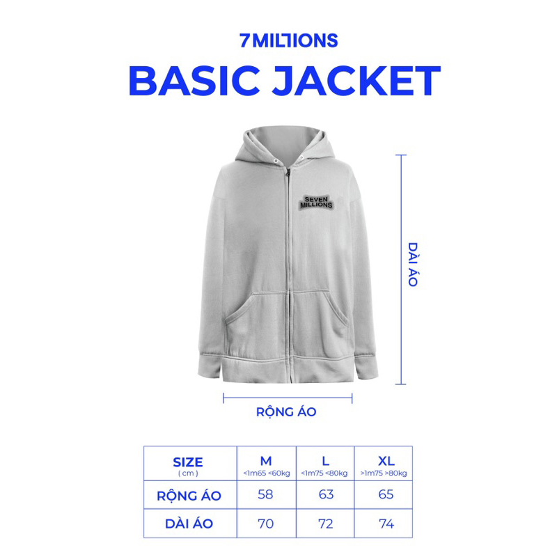 Áo khoác Hoodie Zip 7MILLIONS MULTILINE  - Màu xám và đen - Vải nỉ da cá - Form Oversized