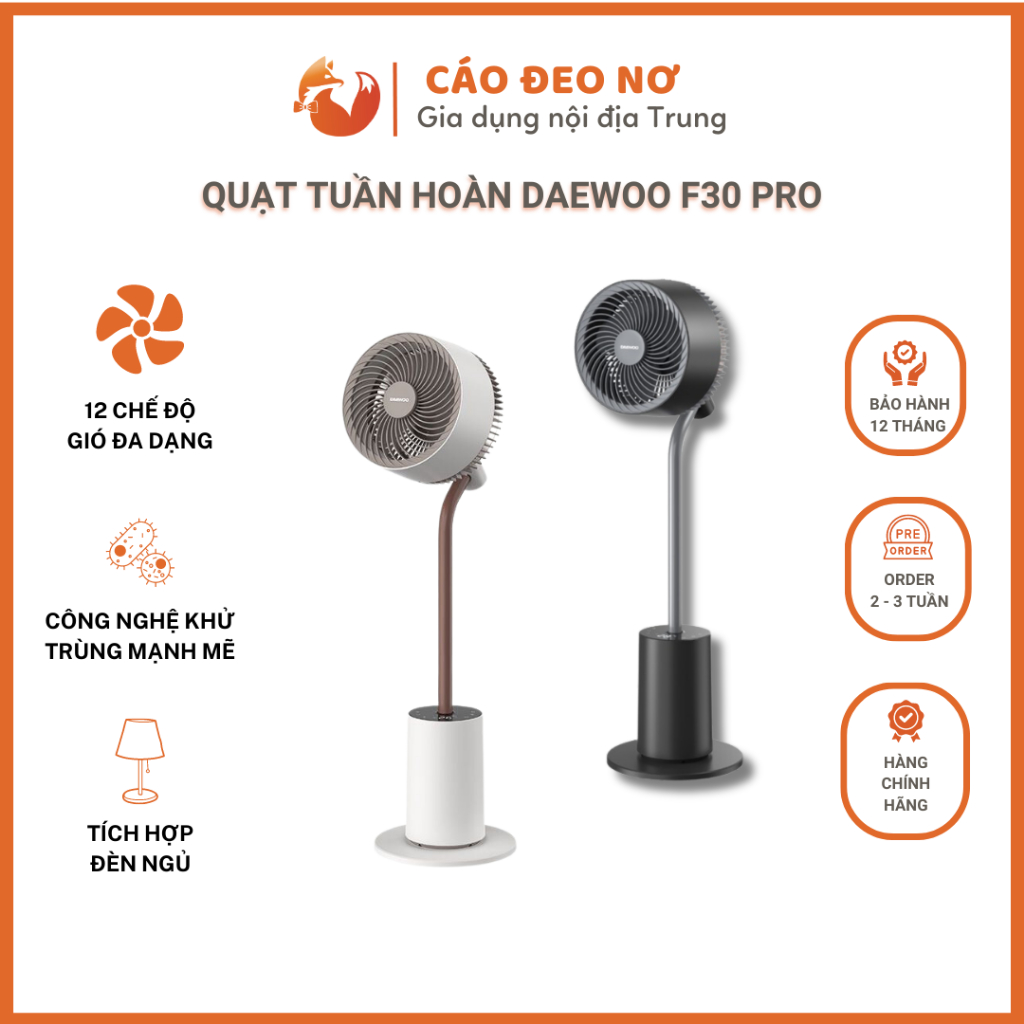 Quạt Tuần Hoàn Lưu Thông Không Khí DAEWOO F30 Pro 2023 Với 12 Chế Độ Gió Bảo Hành 12 Tháng - Cáo Đeo Nơ