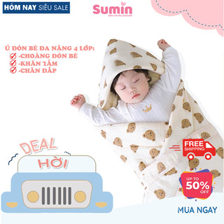 Khăn quấn ủ sơ sinh đa năng Sumin vải sợi Muslin cao cấp cho bé, khăn choàng tắm,ủ, ủ cho bé
