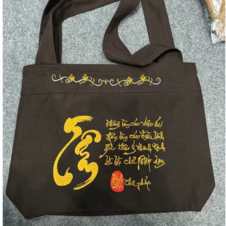 Túi lam thêu thư pháp quai kép 37*28cm - túi lam đi chùa