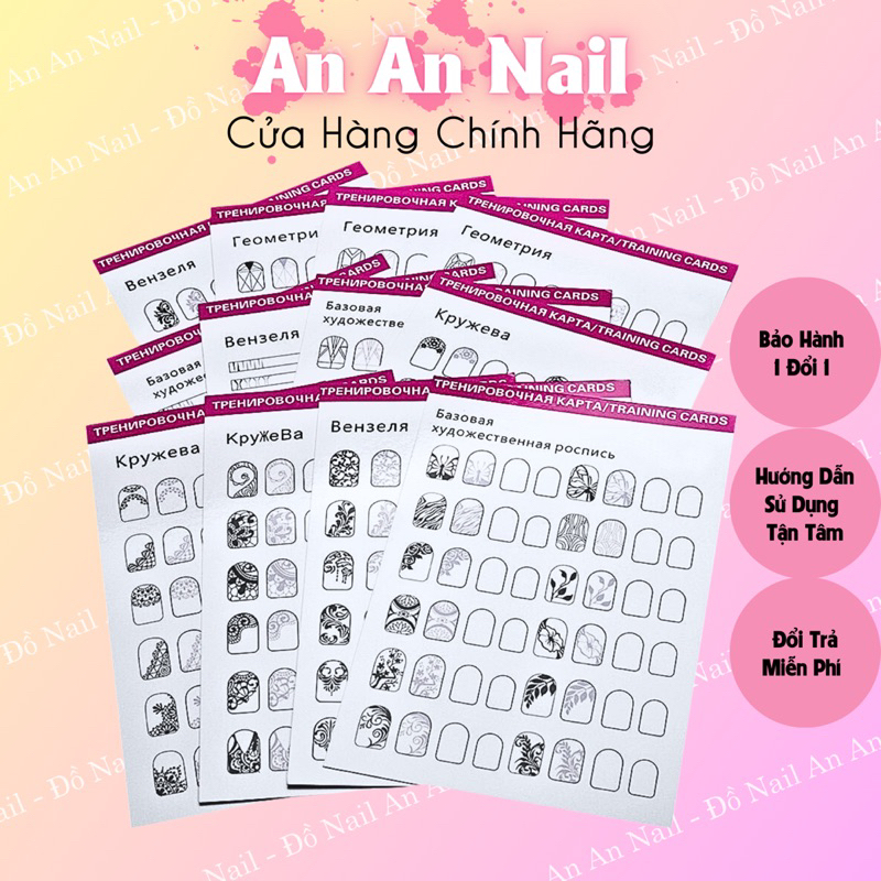 Bảng tập vẽ nail 12 tờ 144 mẫu vẽ có thể lau đi vẽ lại, sách học vẽ nét nail, sổ học vẽ nail tái sử dụng cho thợ nails