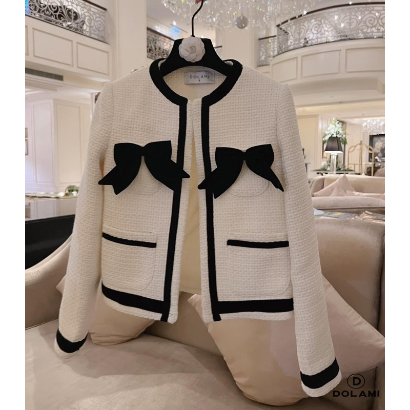 Áo khoác dạ tweed nữ trắng mùa đông quảng châu cao cấp Nơ đen Nhung Hàng 2 Lớp Dày Dặn Có Độn Vai AK07 Nasa