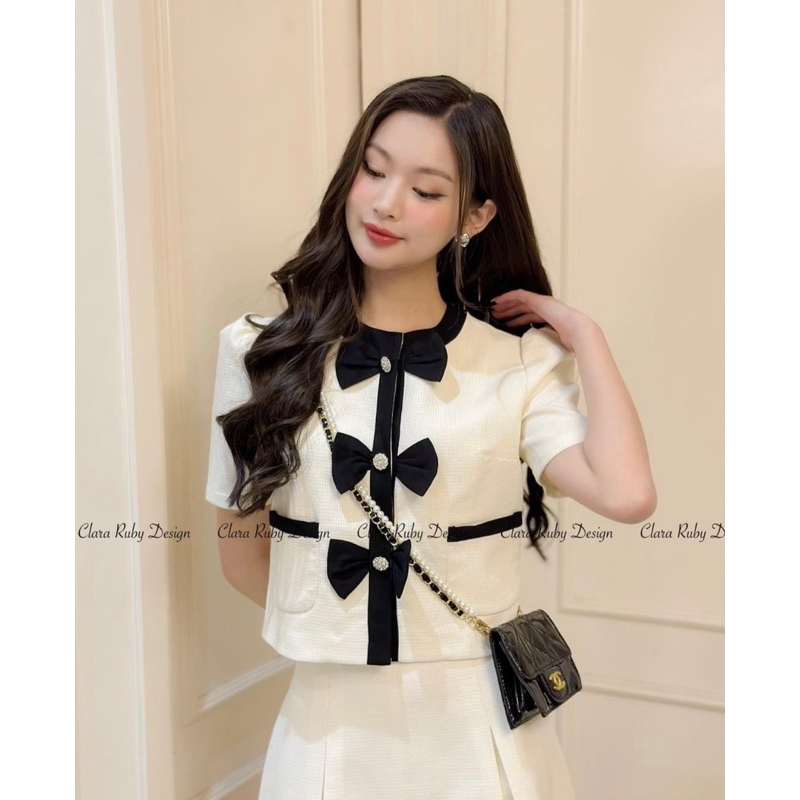 Set Áo Khoác Dạ Tweed Nữ ngắn tay 3 Nơ Đen khoác ngoài Mix Chân Váy Xoè Hàng 2 Lớp Chân Váy Có Lót Quảng châu Nasa SET10