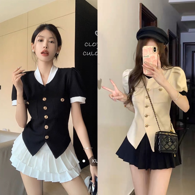 Set áo khoác Dạ Tweed Áo Xẻ Vạt Mix Chân Váy Xếp Ly Hàng 2 Lớp đen trắng cao cấp Ullzang dự tiệc mùa đông SET13