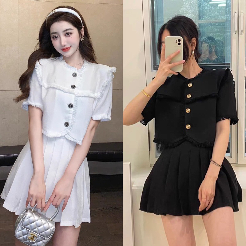 Set Áo Dạ Tweed tay ngắn nữ Linen tua rua khoác ngoài kèm chân váy xếp ly cổ SEN TRẮNG đen SET11