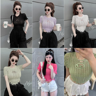 Áo len mongtoghi nữ rách dáng ôm croptop body chữ D quảng châu cao cấp thu đông sang chảnh AL01 L66